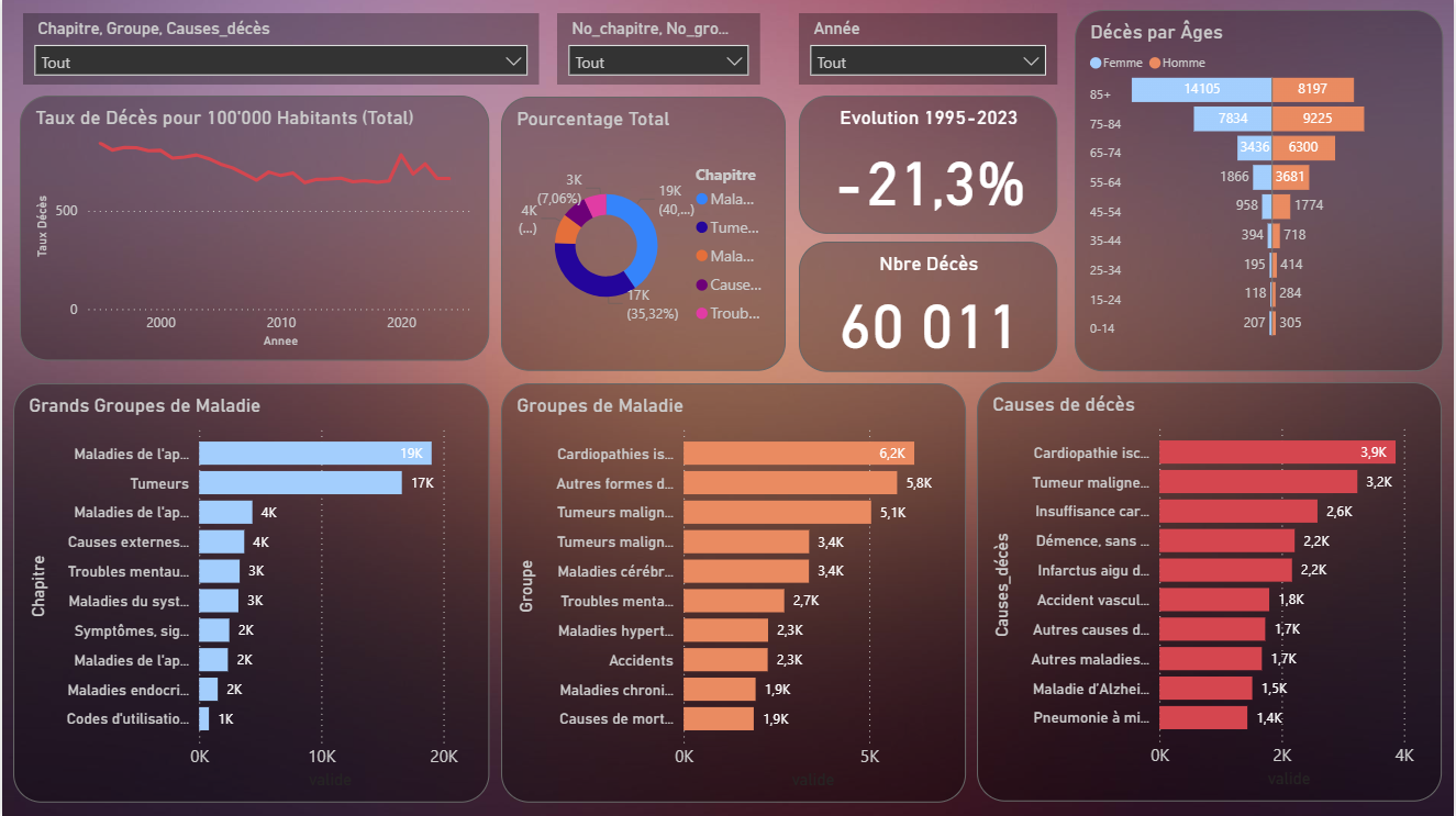 Power BI dashboard showing causes of death trends in the canton of Fribourg.